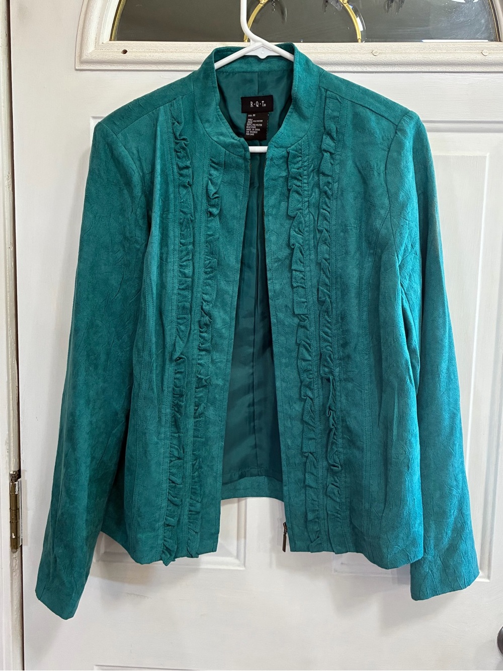 R.Q.T Teal Ruffle-Trim Suede-Look Jacket